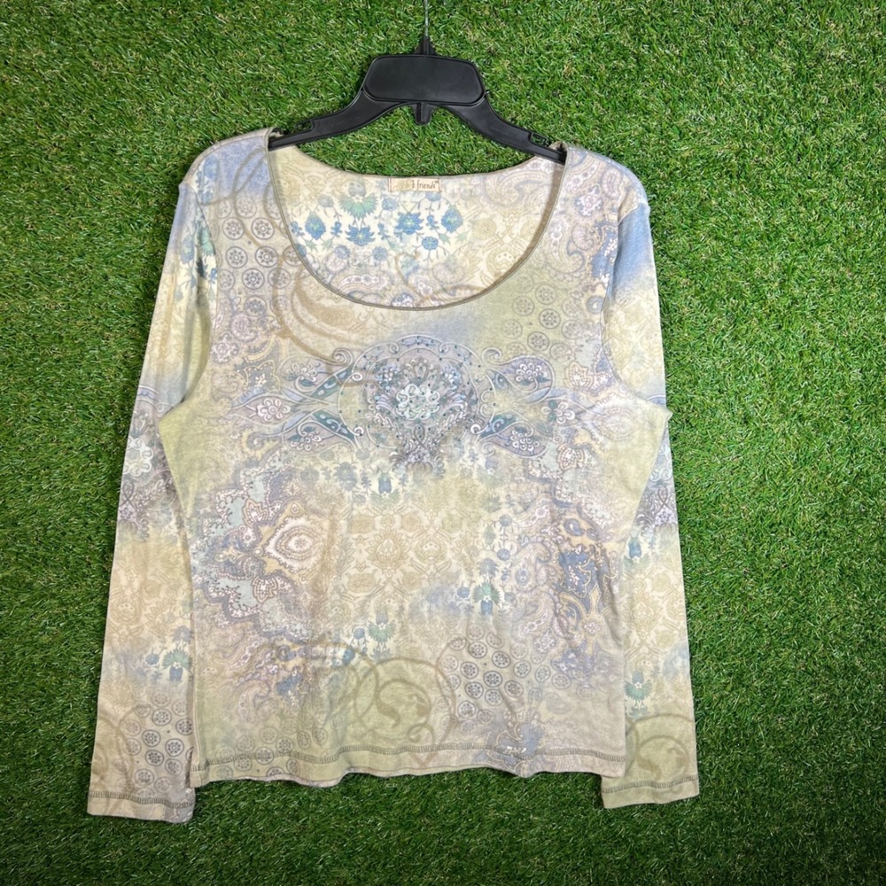 B. Friends Womens XL Blue Green‎ Paisley Floral Boho Scoop Neck Long Sleeve Top
